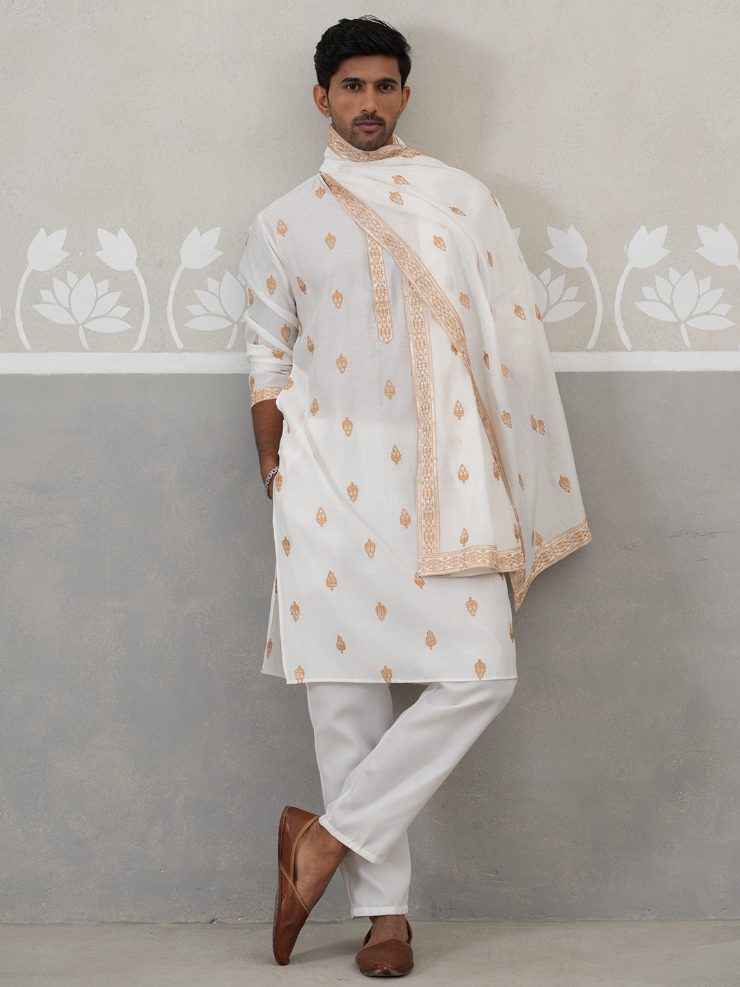 Silk Blend Embroidered Kurta Pyjama Set (JOKP P D 5319 White ) [FF] [B-3-4]