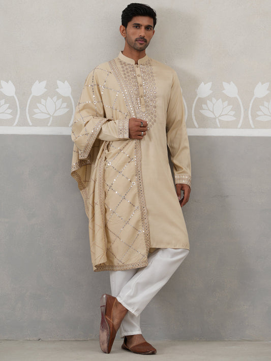 Silk Blend Sequins Embroidered Kurta Pyjama with Dupatta Set (JOKP P D 5320 Beige ) [FF] [Q11-12]