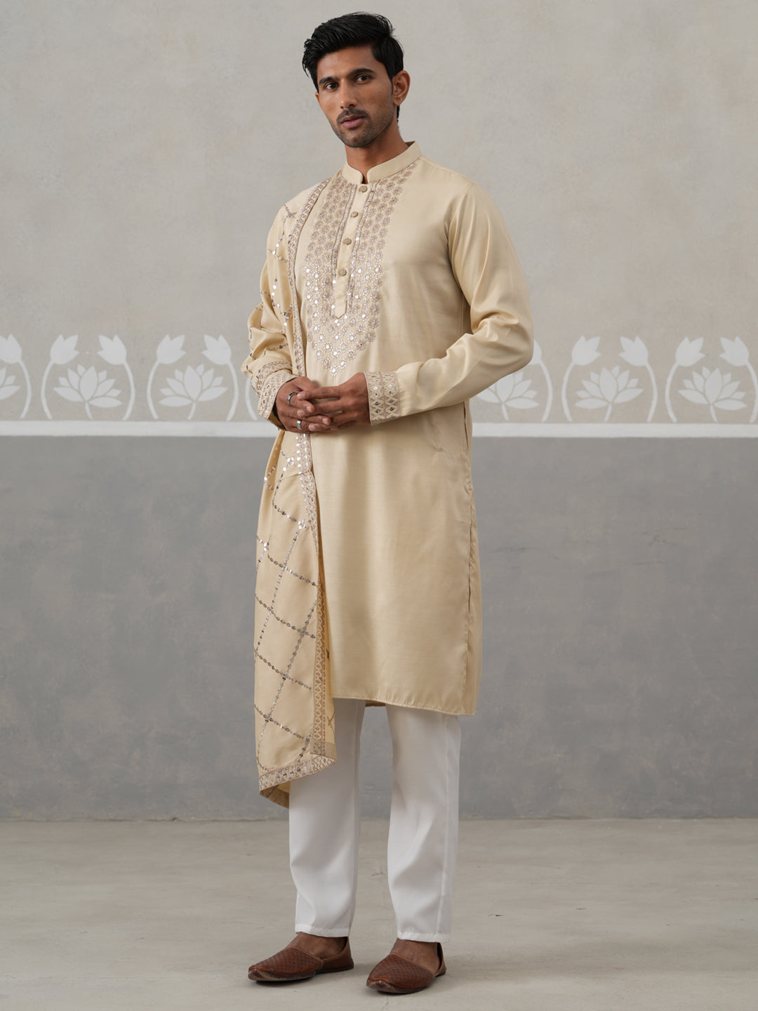 Silk Blend Sequins Embroidered Kurta Pyjama with Dupatta Set (JOKP P D 5320 Beige ) [FF] [Q11-12]