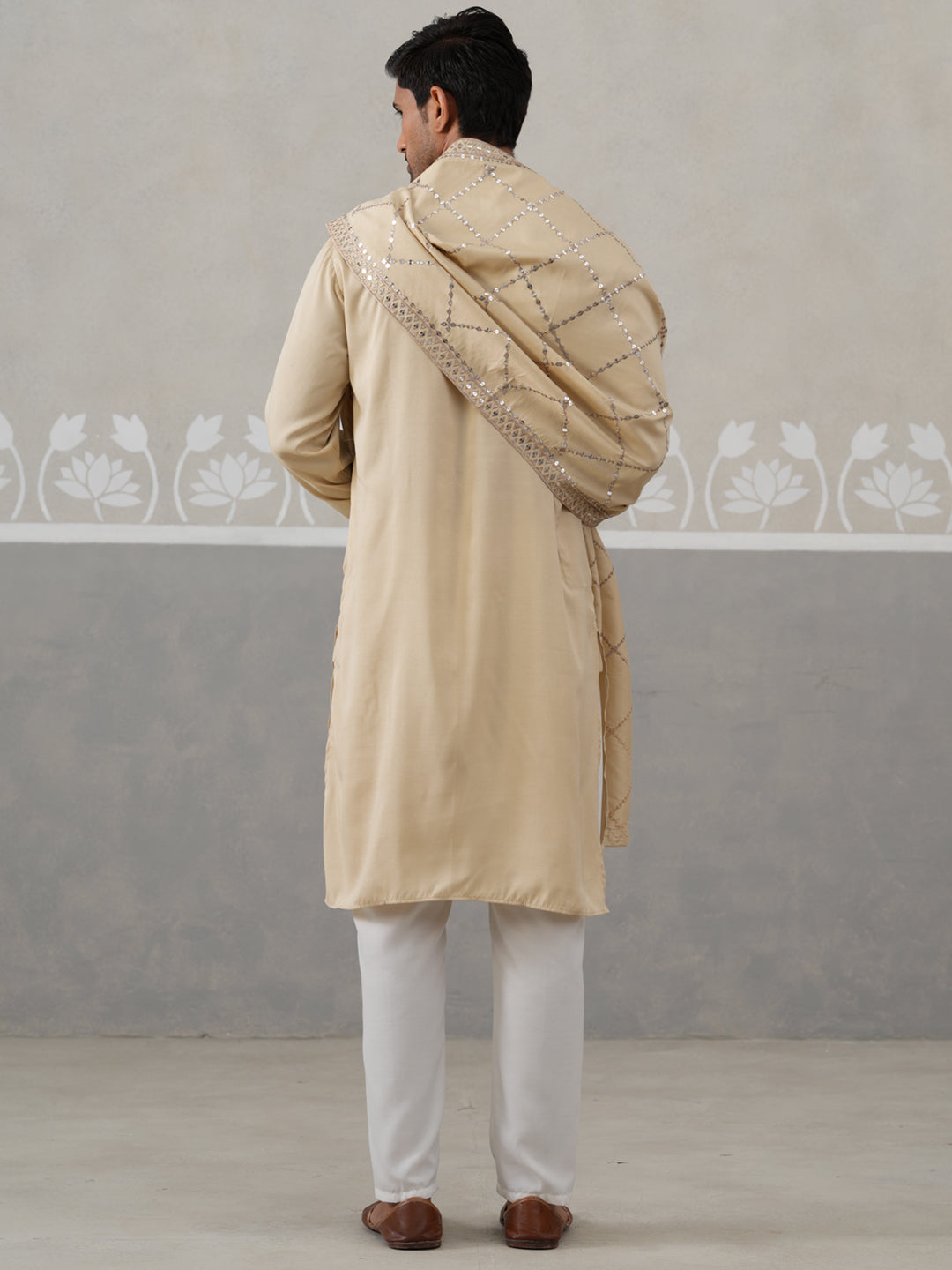 Silk Blend Sequins Embroidered Kurta Pyjama with Dupatta Set (JOKP P D 5320 Beige ) [FF] [Q11-12]