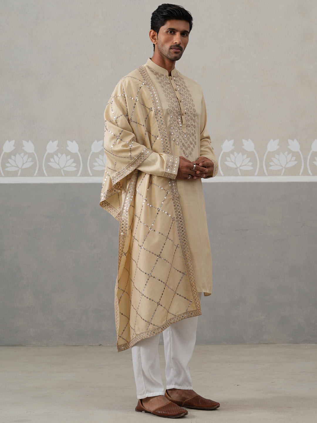 Silk Blend Sequins Embroidered Kurta Pyjama with Dupatta Set (JOKP P D 5320 Beige ) [FF] [Q11-12]