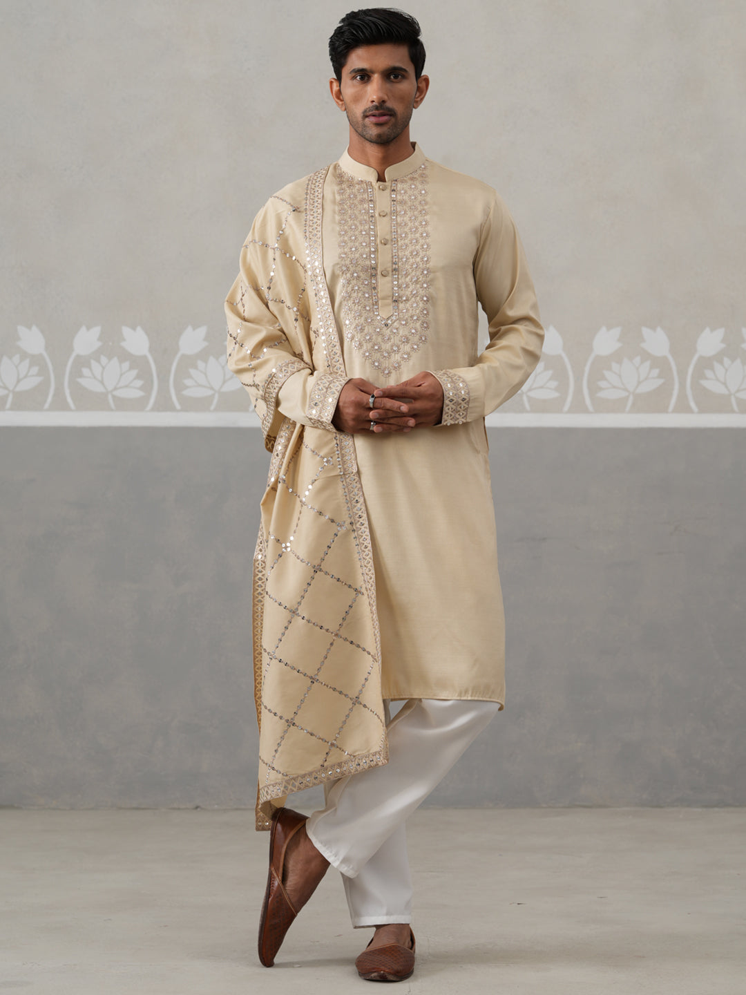 Silk Blend Sequins Embroidered Kurta Pyjama with Dupatta Set (JOKP P D 5320 Beige ) [FF] [Q11-12]