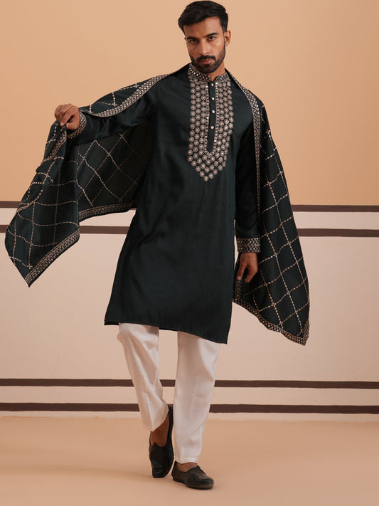 Silk Blend Sequins Embroidered Kurta Pyjama with Dupatta Set ( JOKP P D 5320 P D 5320Olive ) [FF] [Q11-12]