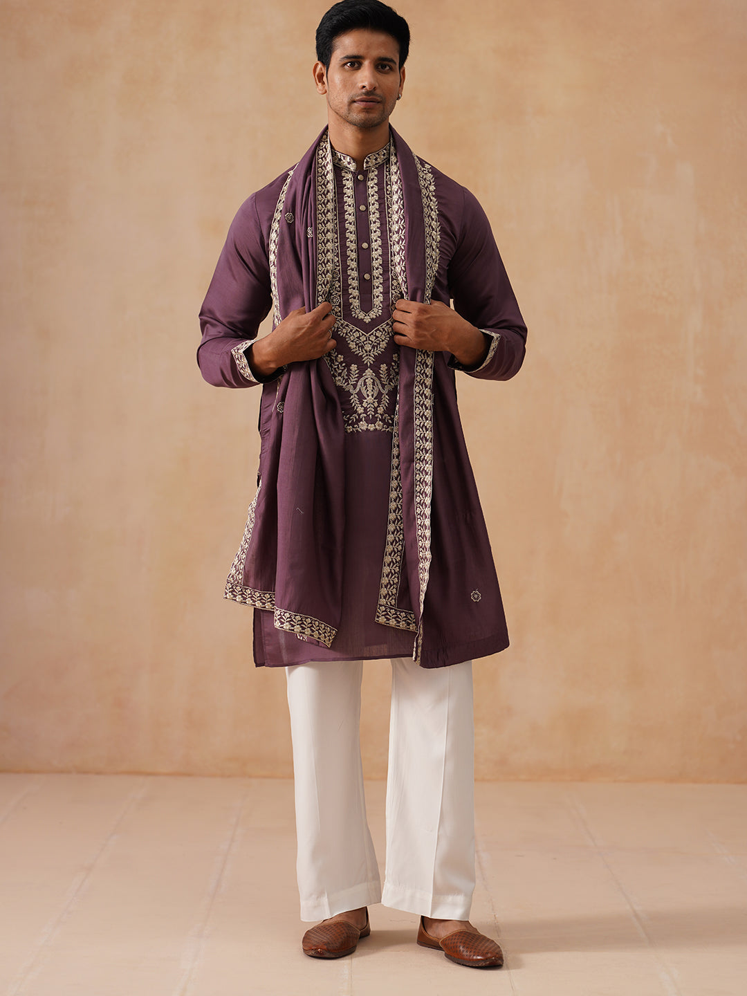 Silk Blend Embroidered Kurta Pyjama Set (JOKP D PJ11-W 5287 Purple )