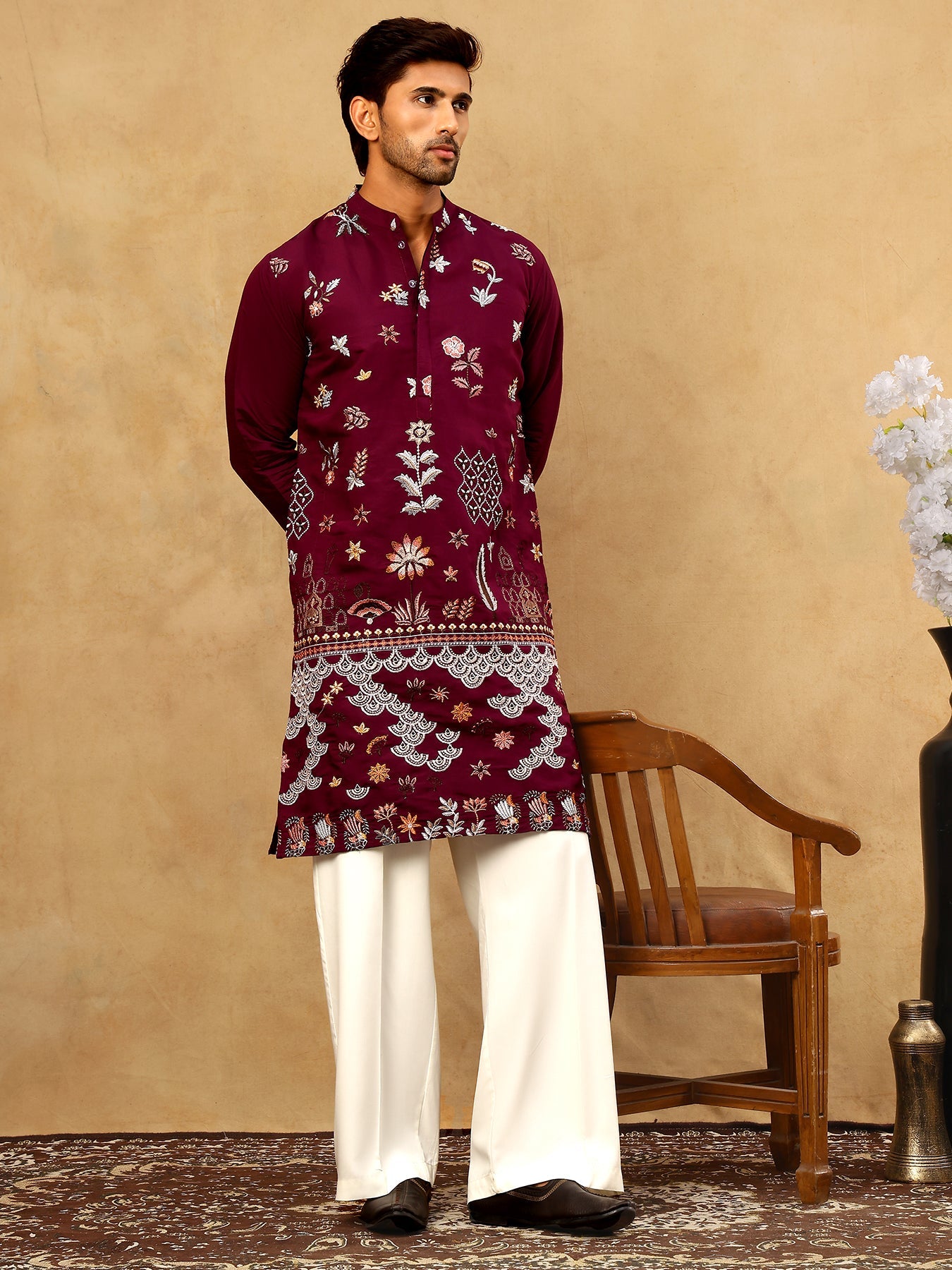 Silk Blend Floral Embroidered Kurta Pyjama Set ( JOKP PJ11W 5140Wine )