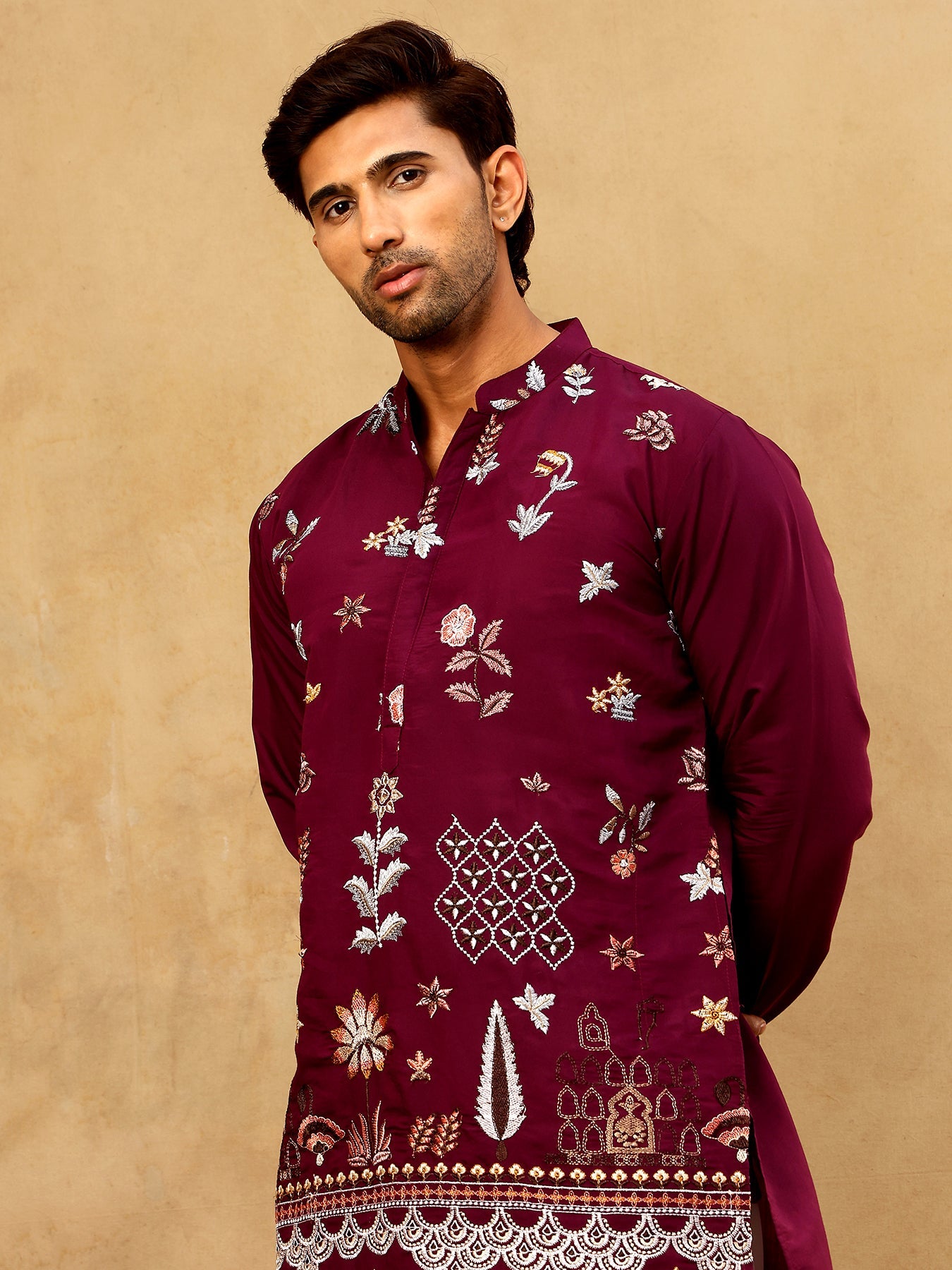 Silk Blend Floral Embroidered Kurta Pyjama Set ( JOKP PJ11W 5140Wine )