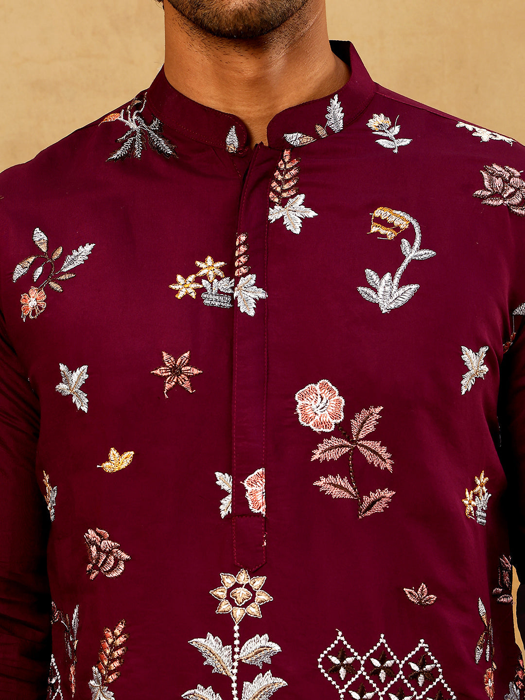 Silk Blend Floral Embroidered Kurta Pyjama Set ( JOKP PJ11W 5140Wine )