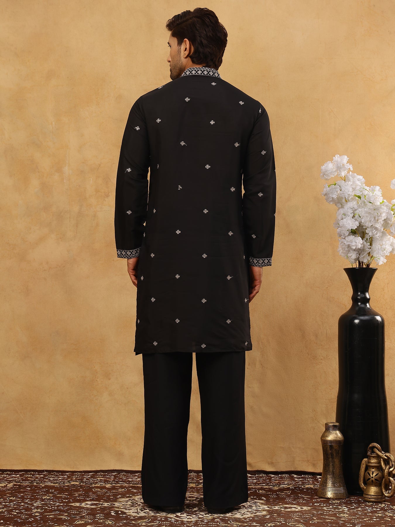 Men’s Silk Blend Embroidered Kurta Pyjama Set ( JOKP PJ11B 5046Black )