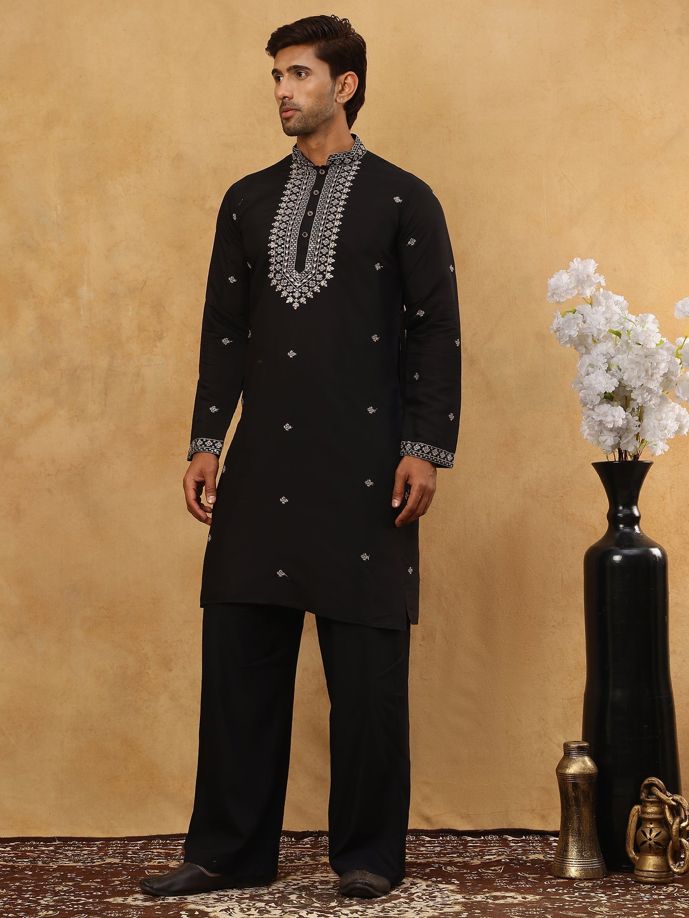 Men’s Silk Blend Embroidered Kurta Pyjama Set ( JOKP PJ11B 5046Black )