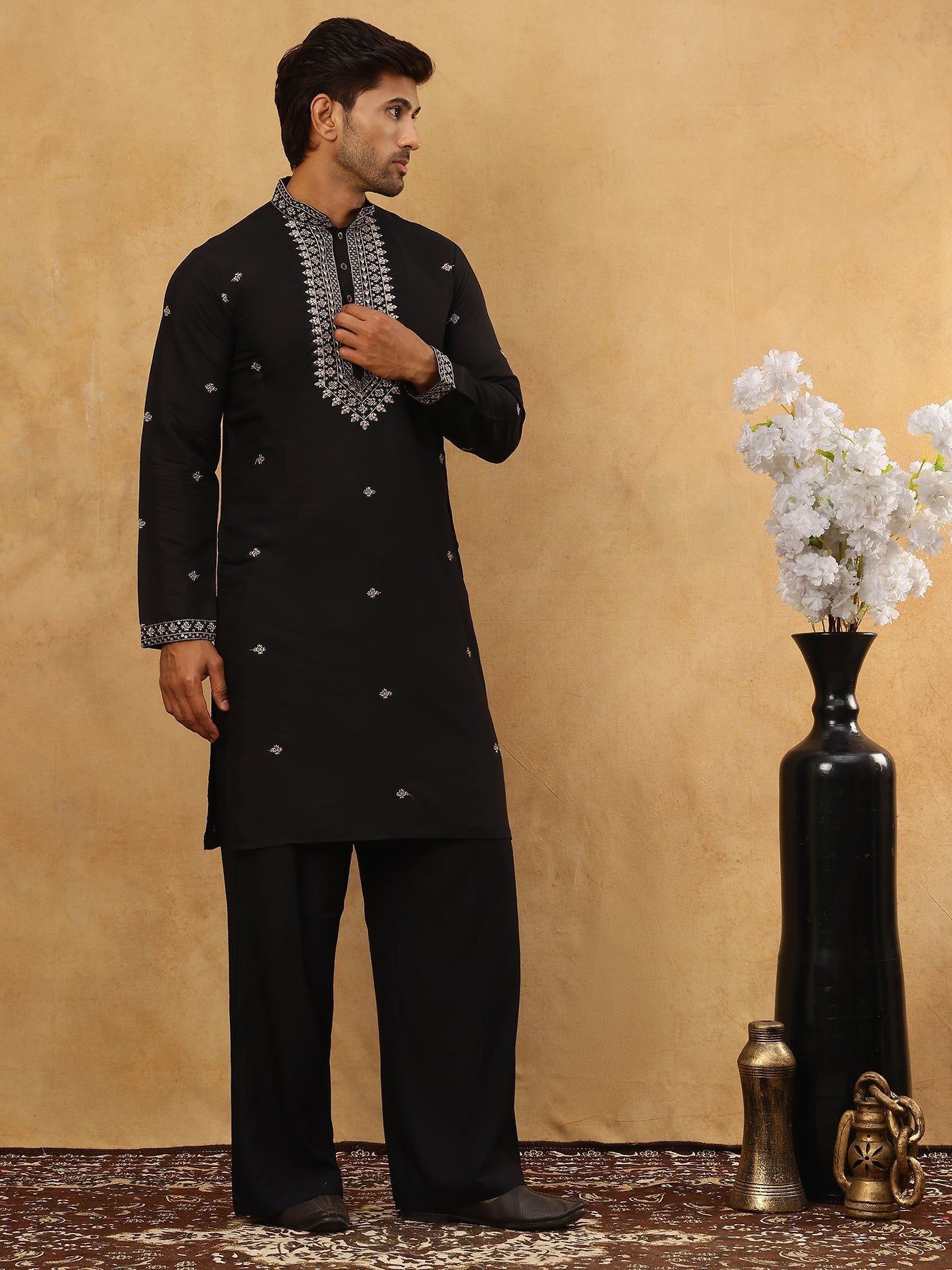 Men’s Silk Blend Embroidered Kurta Pyjama Set ( JOKP PJ11B 5046Black )