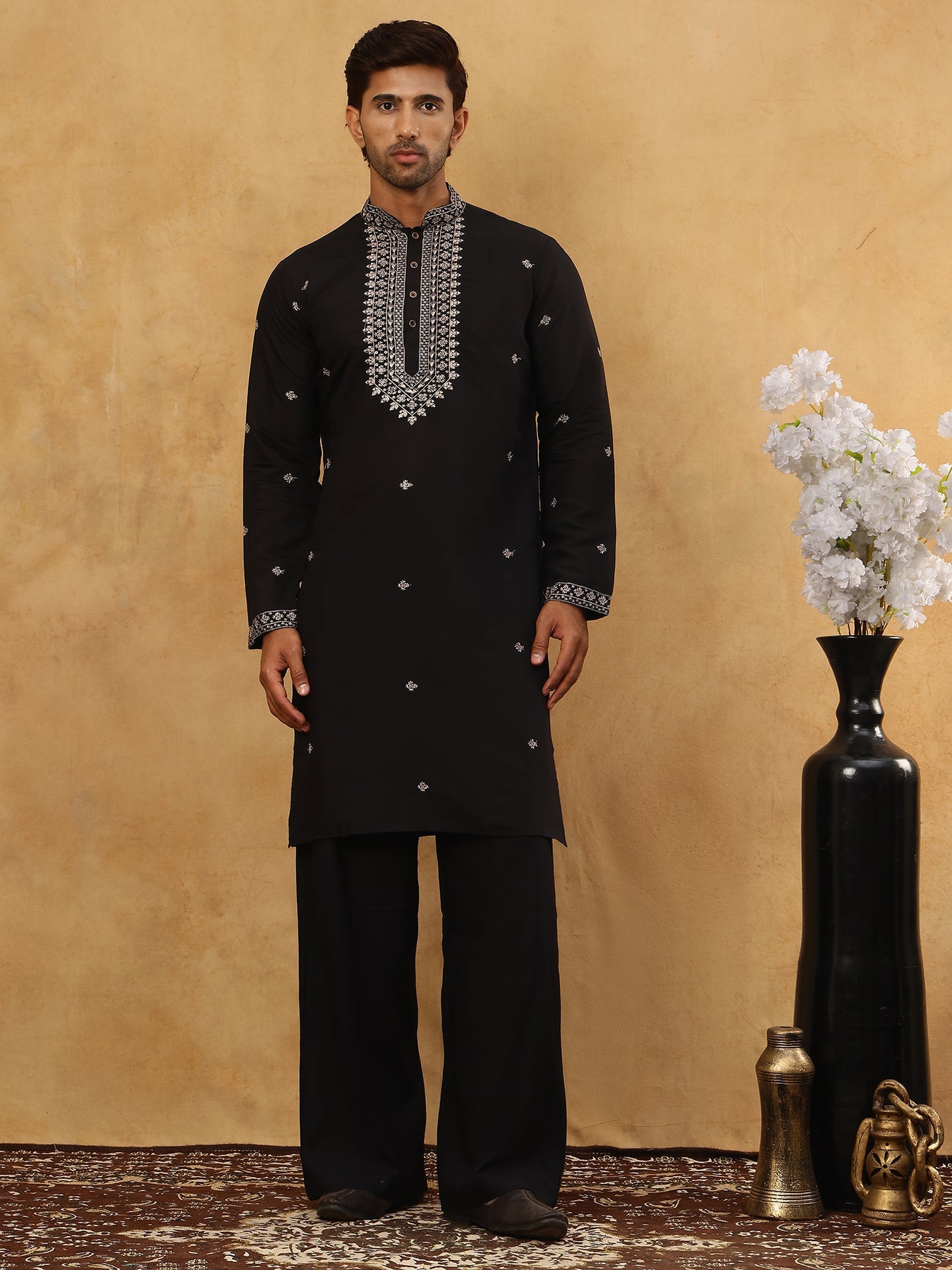 Men’s Silk Blend Embroidered Kurta Pyjama Set ( JOKP PJ11B 5046Black )