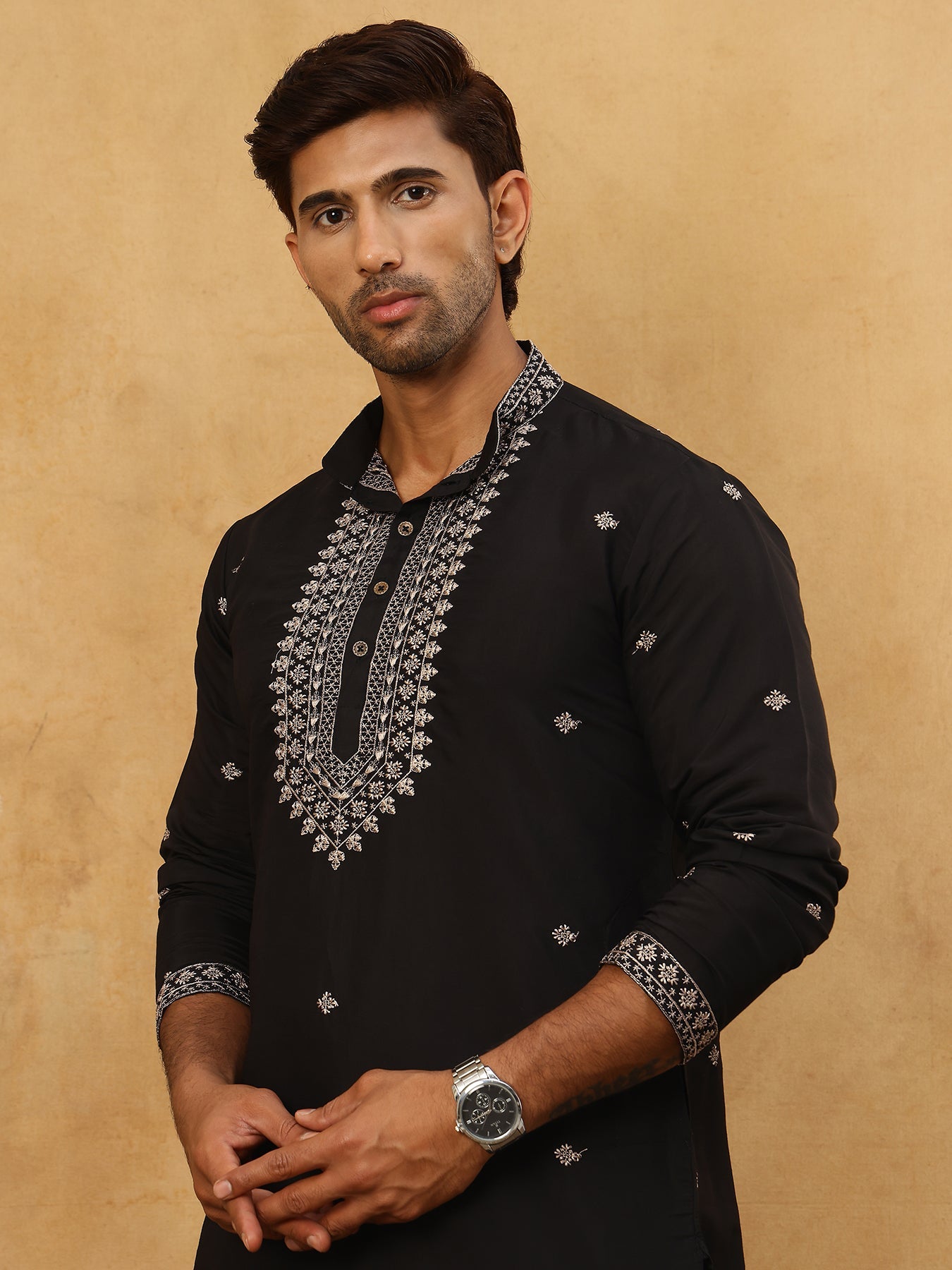 Men’s Silk Blend Embroidered Kurta Pyjama Set ( JOKP PJ11B 5046Black )