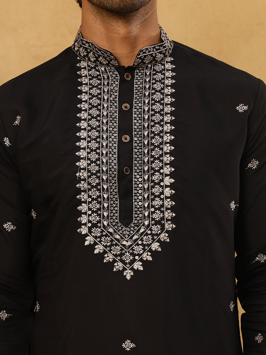 Men’s Silk Blend Embroidered Kurta Pyjama Set ( JOKP PJ11B 5046Black )