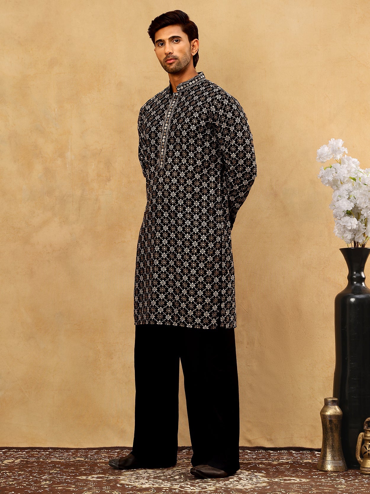 Viscose Rayon Embroidered Sequin Kurta Pyjama ( JOKP PJ11B 5127Black )