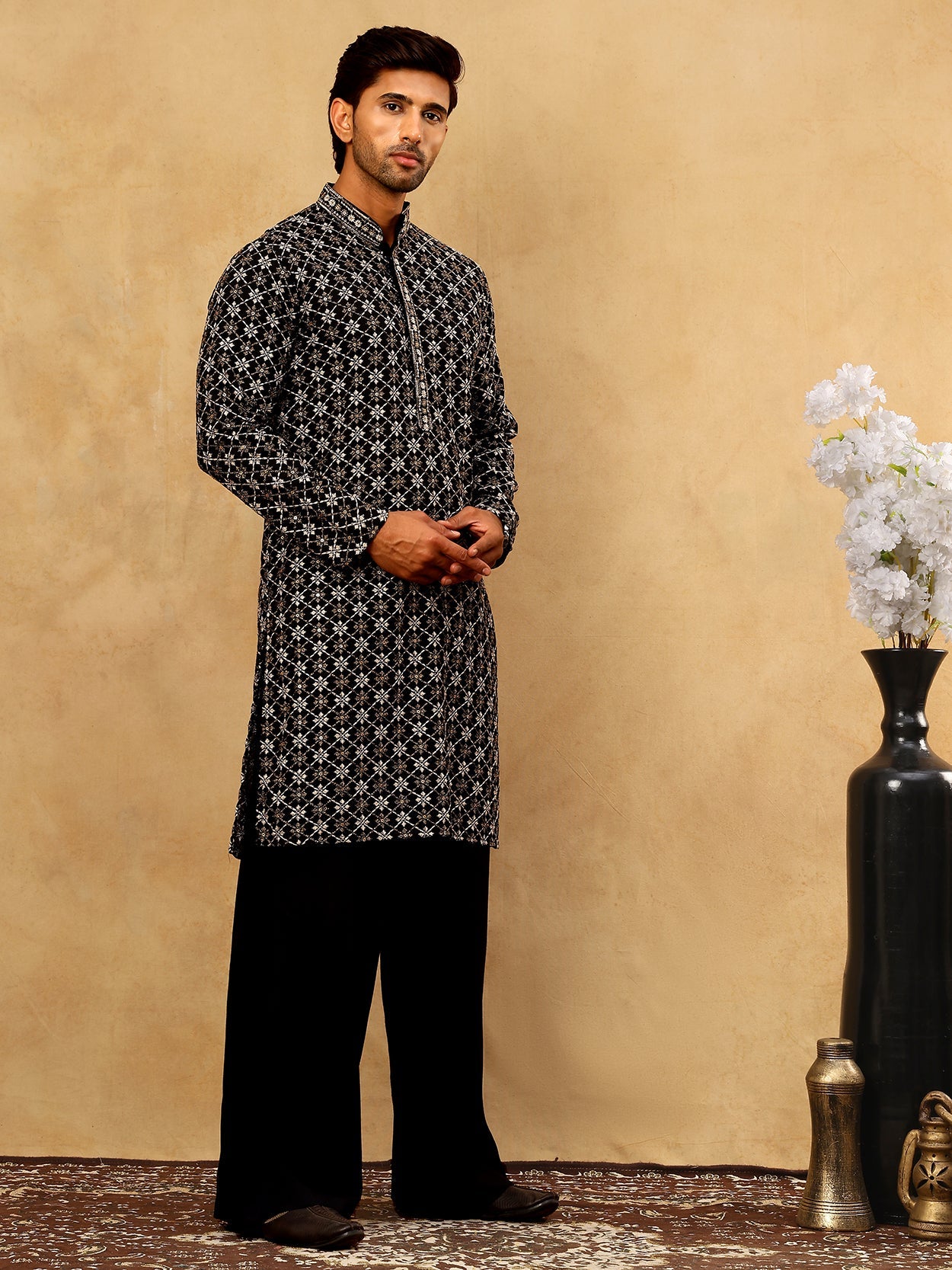 Viscose Rayon Embroidered Sequin Kurta Pyjama ( JOKP PJ11B 5127Black )