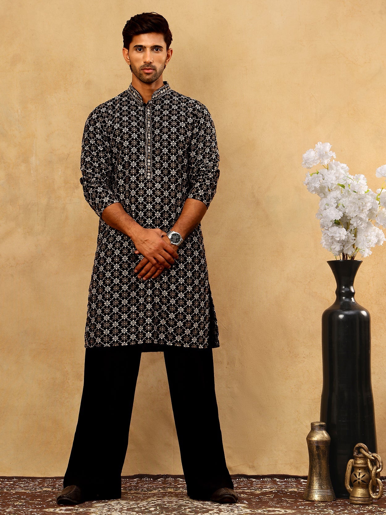 Viscose Rayon Embroidered Sequin Kurta Pyjama ( JOKP PJ11B 5127Black )