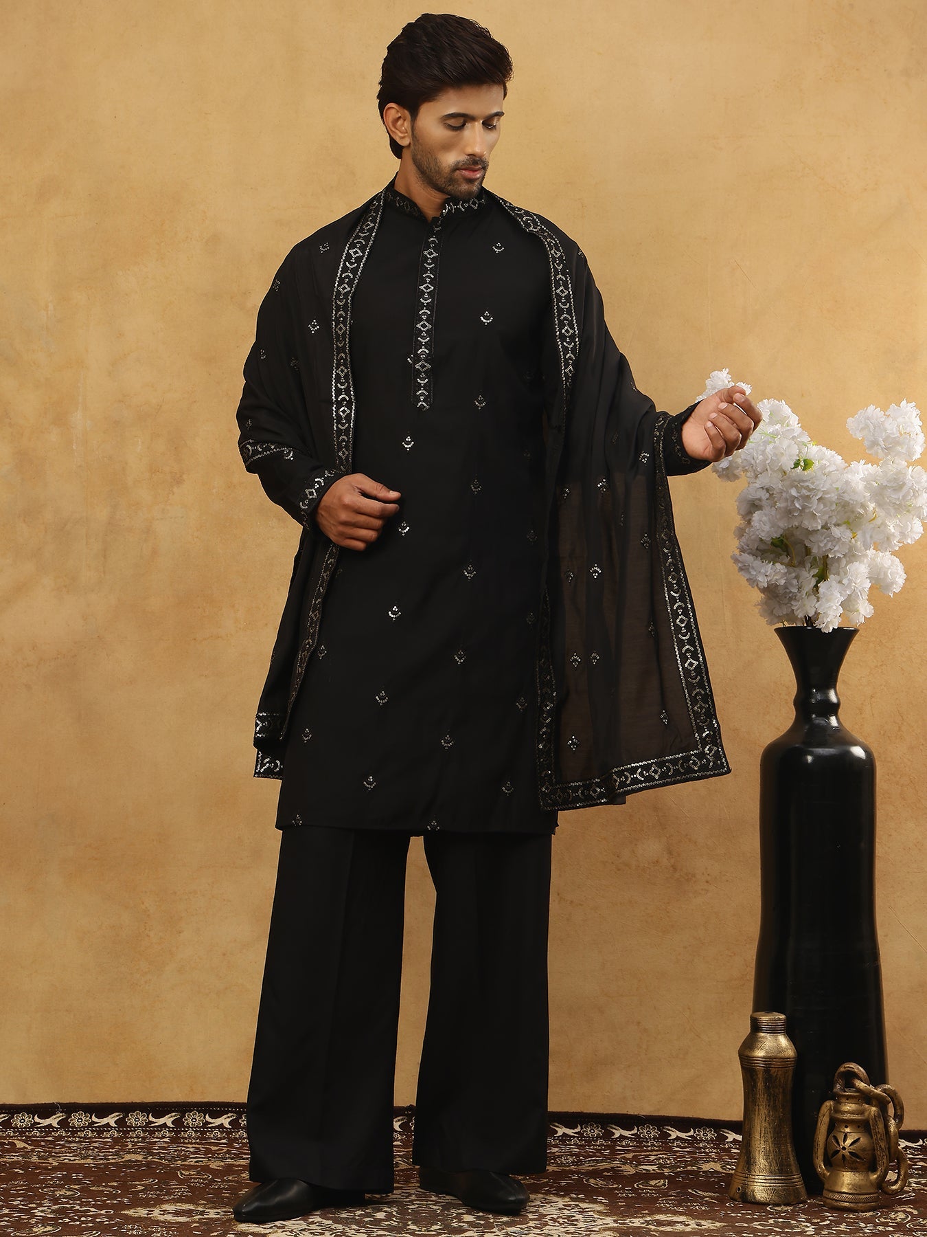 Silk Blend Embroidered Kurta Pyjama with Dupatta ( JOKP PJ11B D 5088Black )