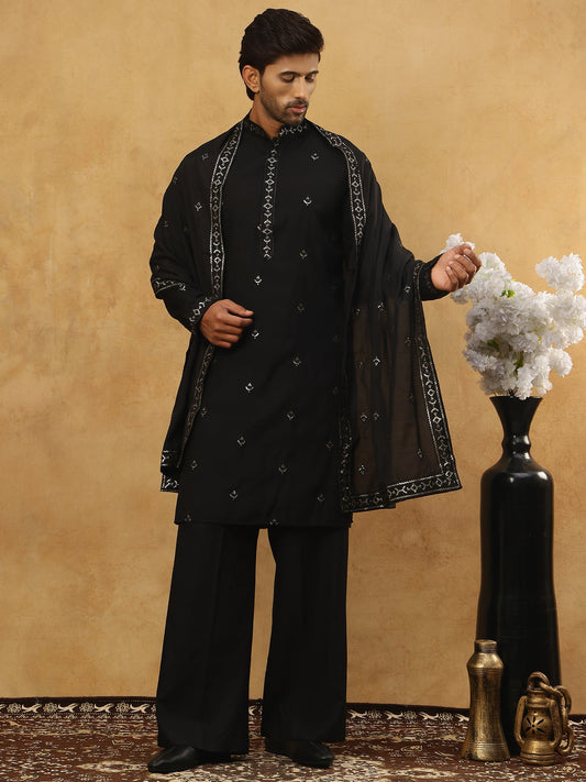 Silk Blend Embroidered Kurta Pyjama with Dupatta ( JOKP PJ11B D 5088Black )