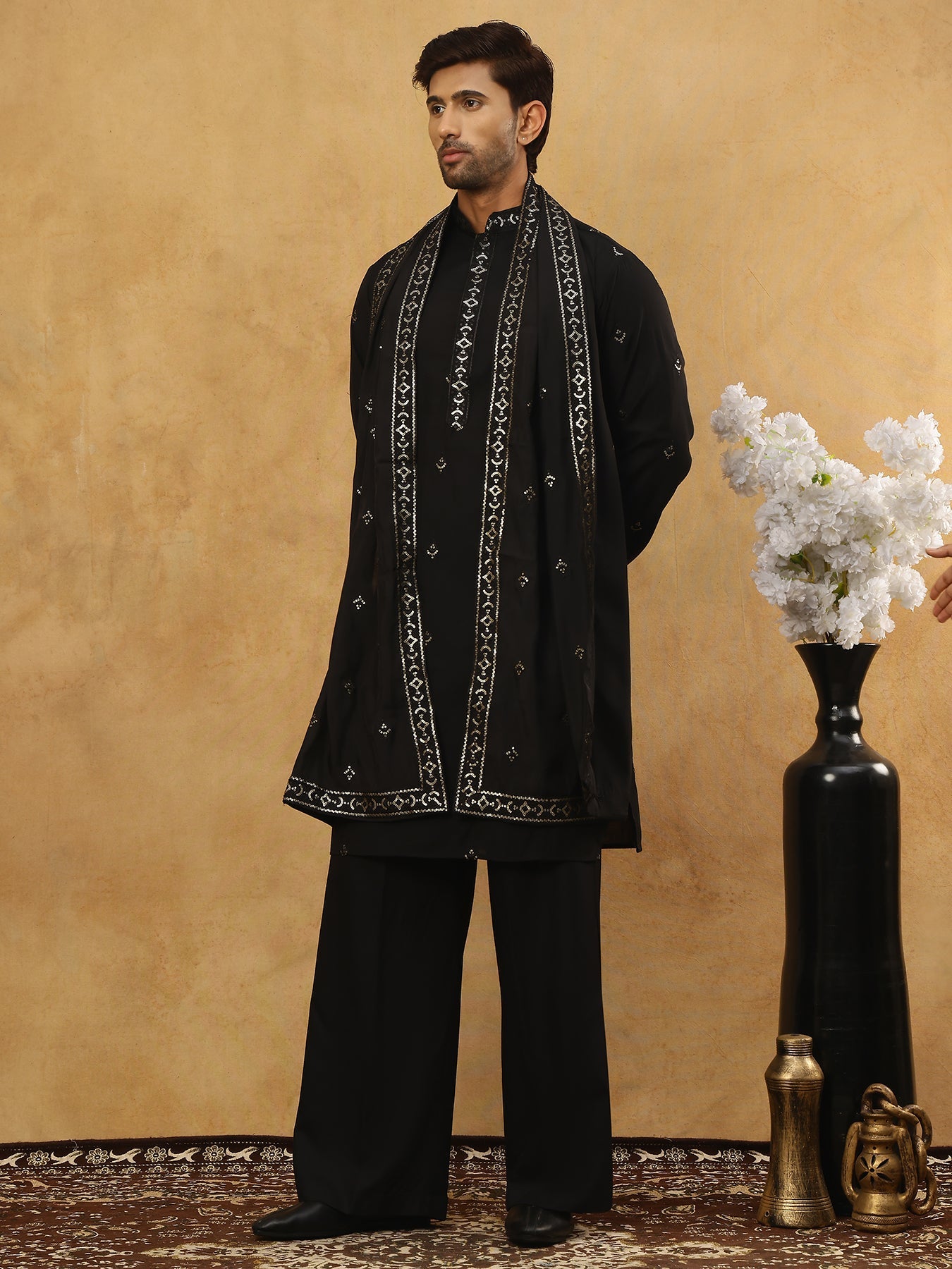 Silk Blend Embroidered Kurta Pyjama with Dupatta ( JOKP PJ11B D 5088Black )