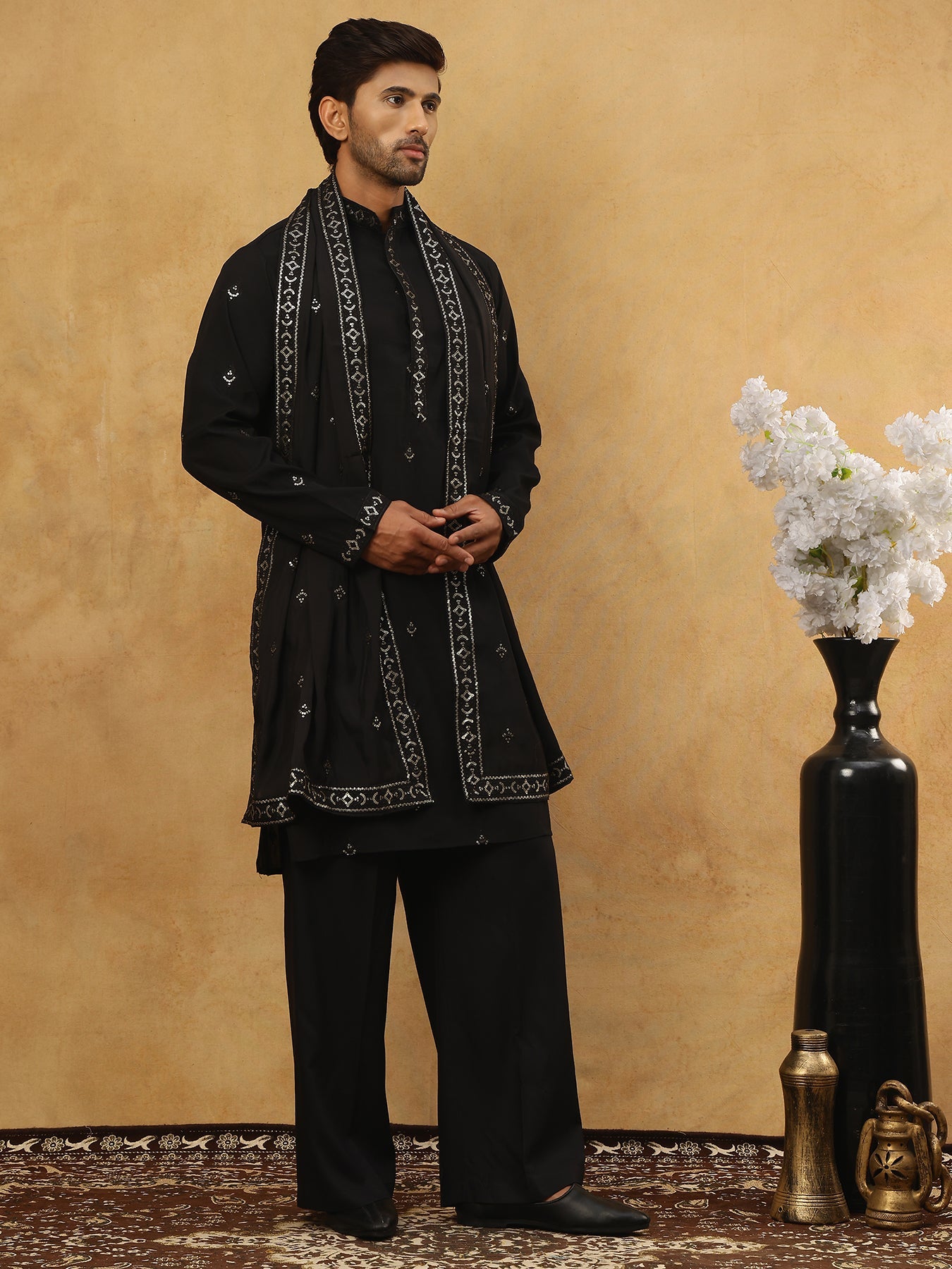 Silk Blend Embroidered Kurta Pyjama with Dupatta ( JOKP PJ11B D 5088Black )