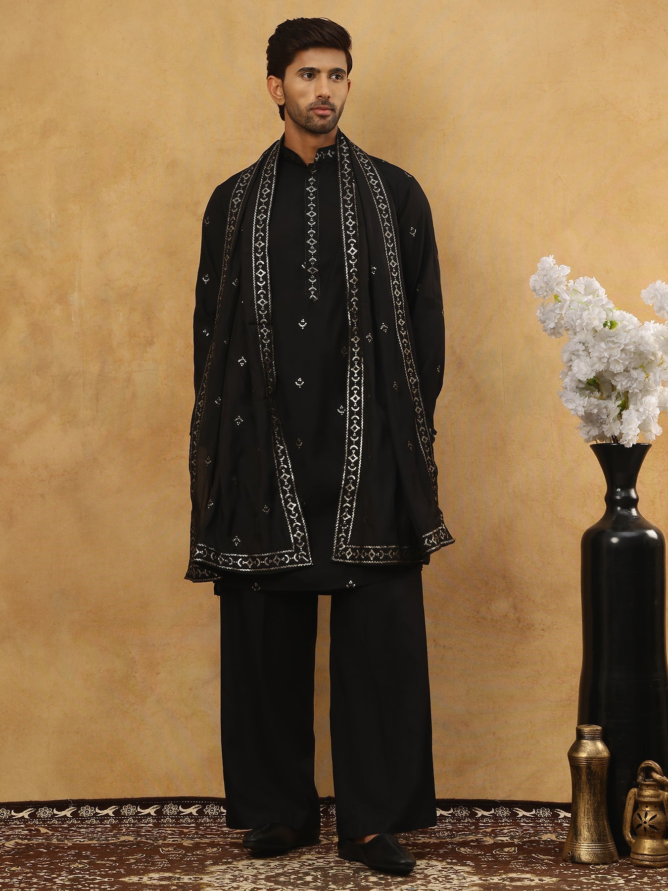 Silk Blend Embroidered Kurta Pyjama with Dupatta ( JOKP PJ11B D 5088Black )