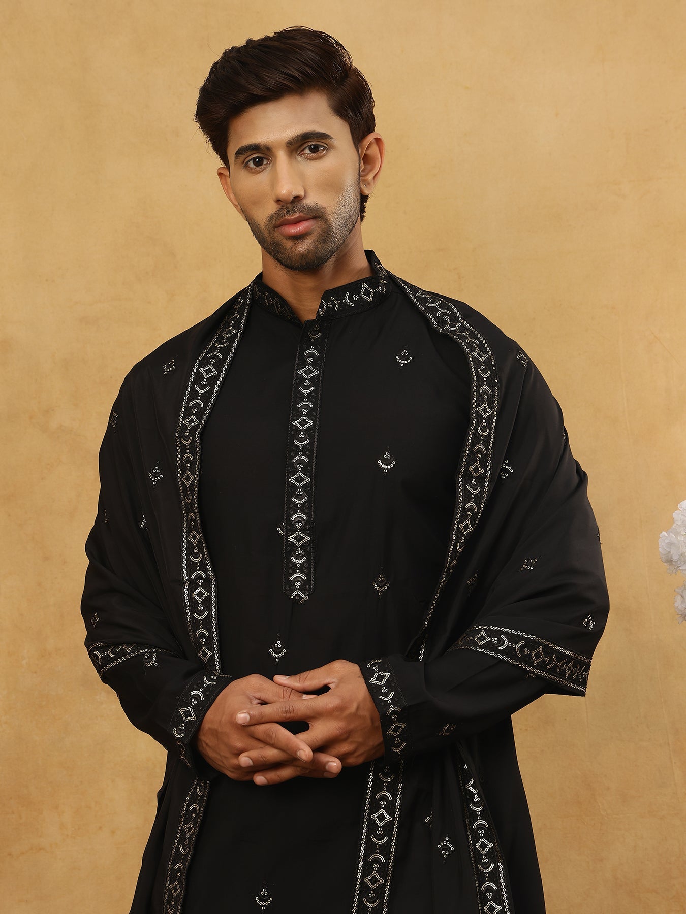 Silk Blend Embroidered Kurta Pyjama with Dupatta ( JOKP PJ11B D 5088Black )