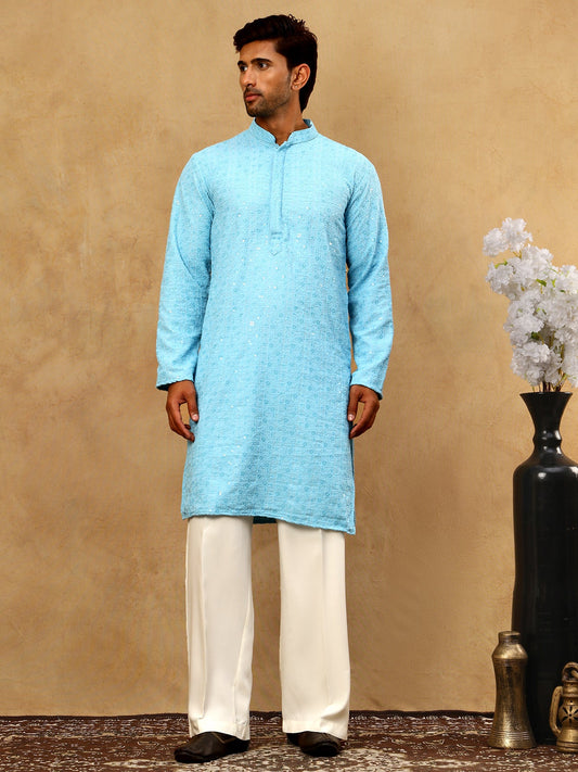 Men’s Cotton Chikankari Sequins Kurta Set ( JOKP PJ11W 5006Blue )