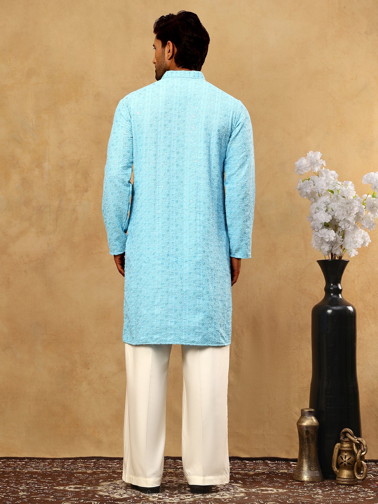 Men’s Cotton Chikankari Sequins Kurta Set ( JOKP PJ11W 5006Blue )