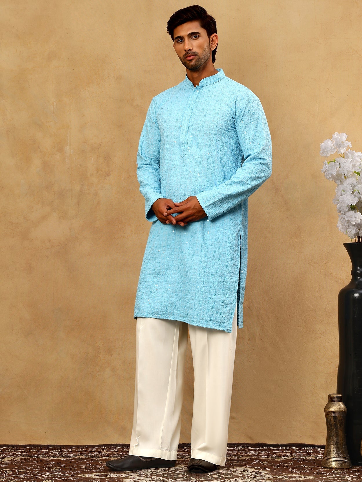 Men’s Cotton Chikankari Sequins Kurta Set ( JOKP PJ11W 5006Blue )