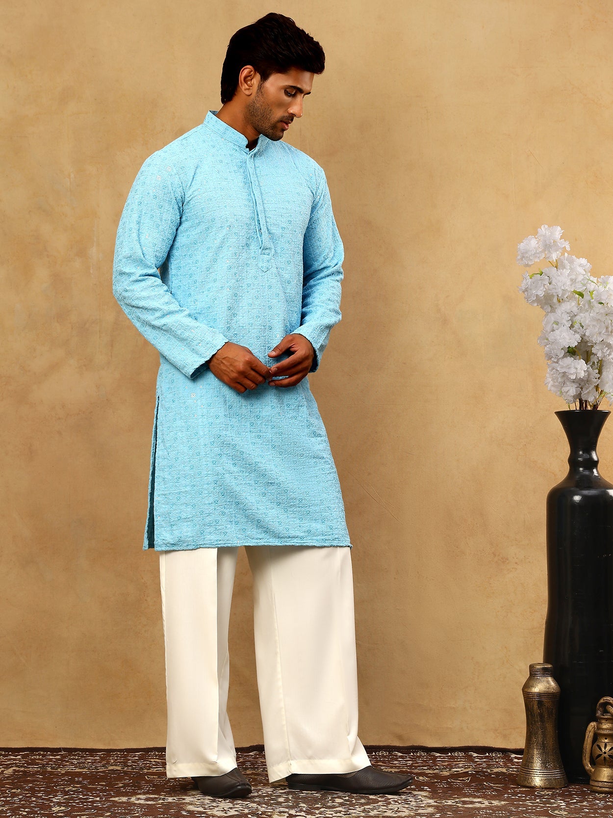 Men’s Cotton Chikankari Sequins Kurta Set ( JOKP PJ11W 5006Blue )