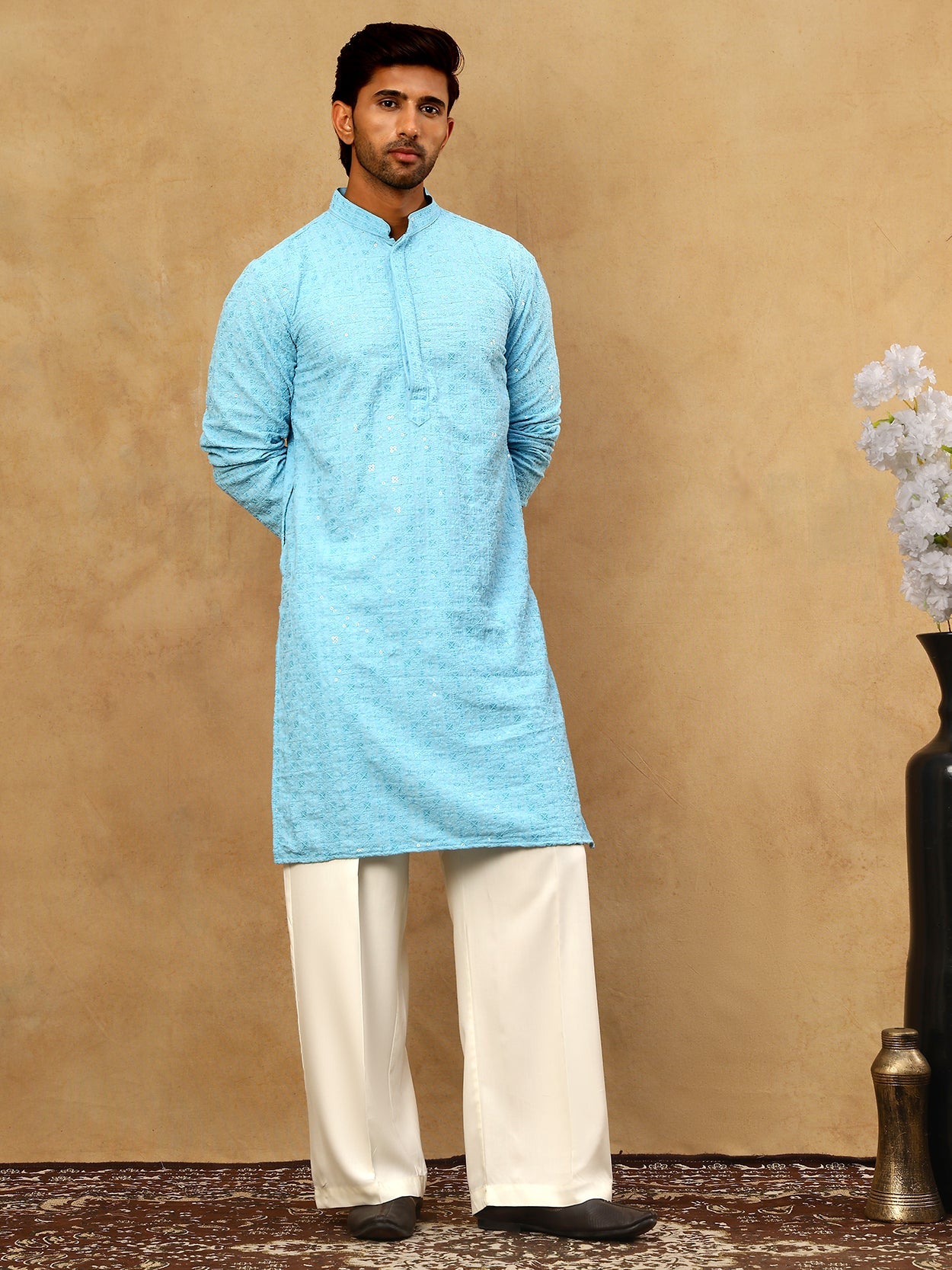 Men’s Cotton Chikankari Sequins Kurta Set ( JOKP PJ11W 5006Blue )