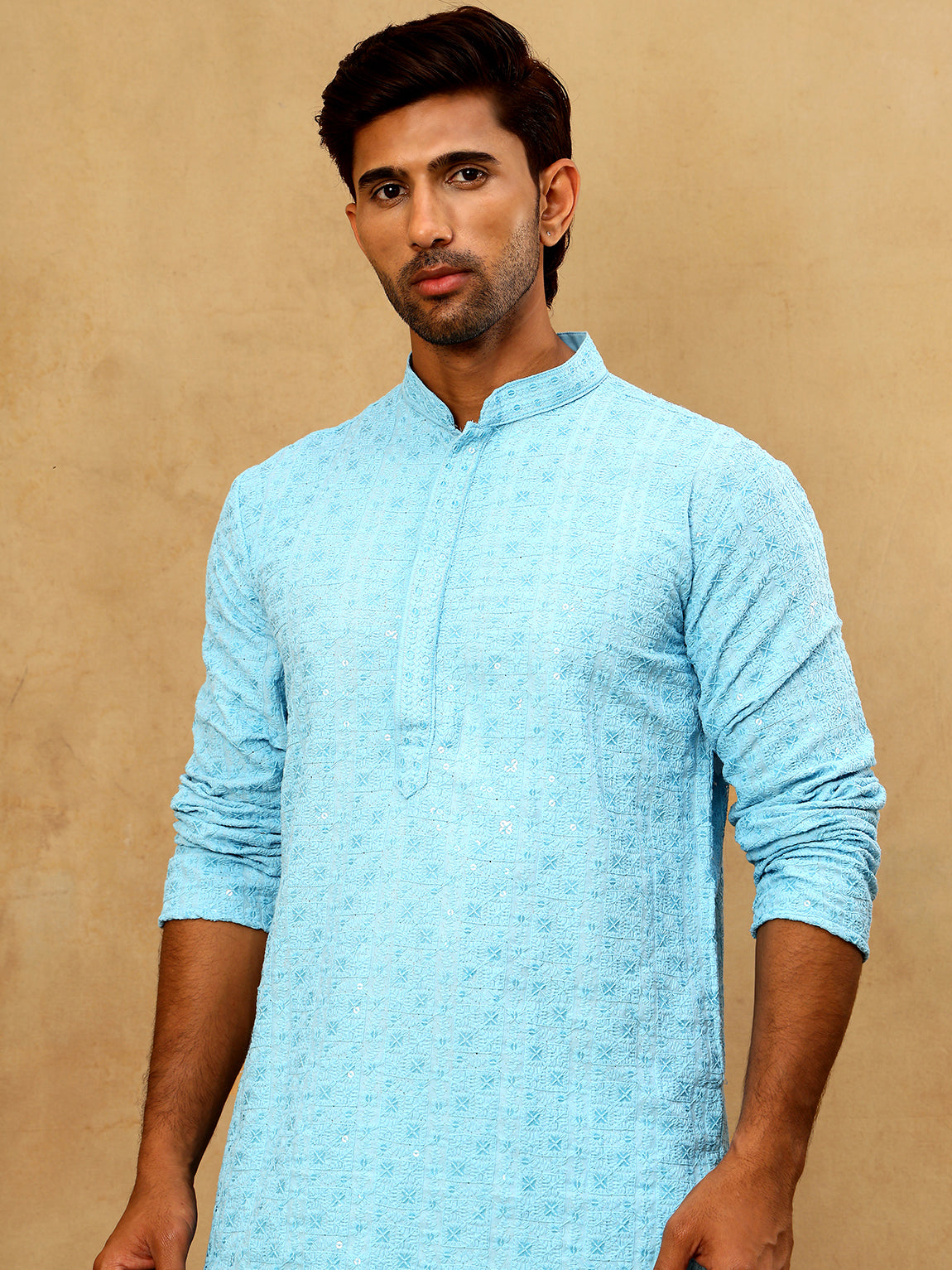 Men’s Cotton Chikankari Sequins Kurta Set ( JOKP PJ11W 5006Blue )