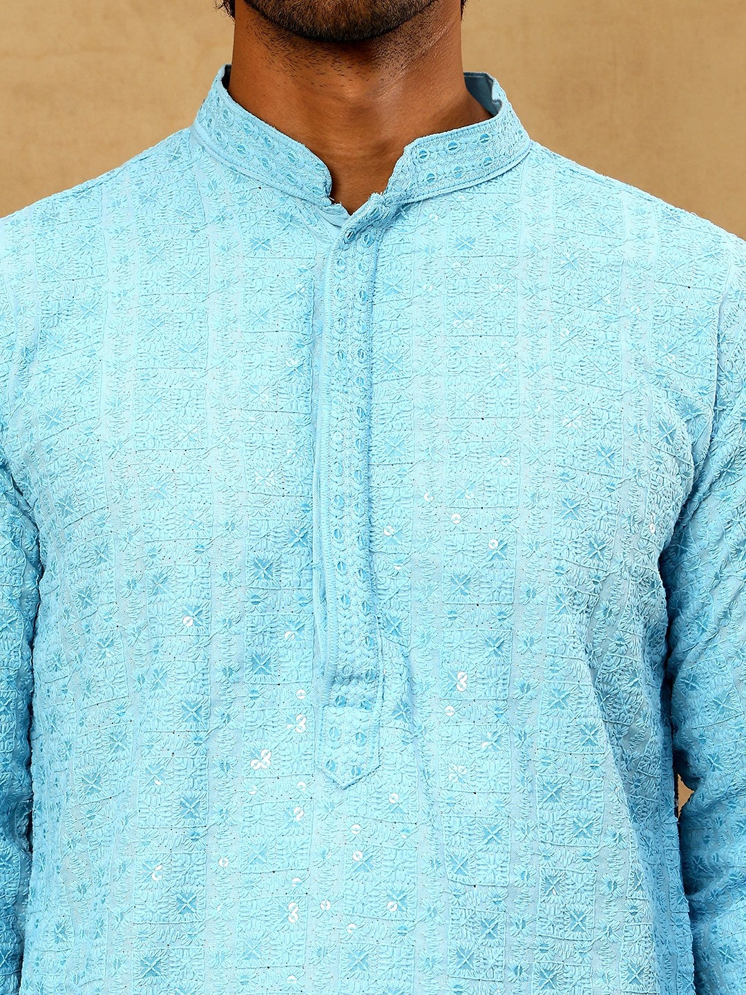 Men’s Cotton Chikankari Sequins Kurta Set ( JOKP PJ11W 5006Blue )