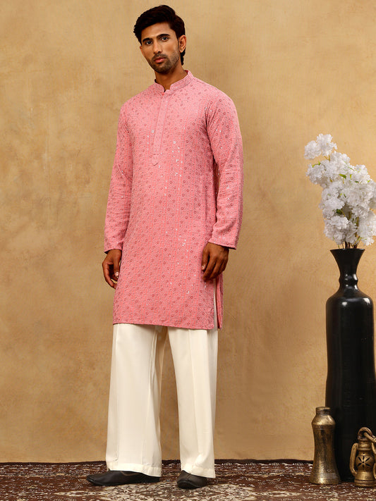 Men’s Cotton Chikankari Sequins Kurta Set ( JOKP PJ11W 5006Coral )