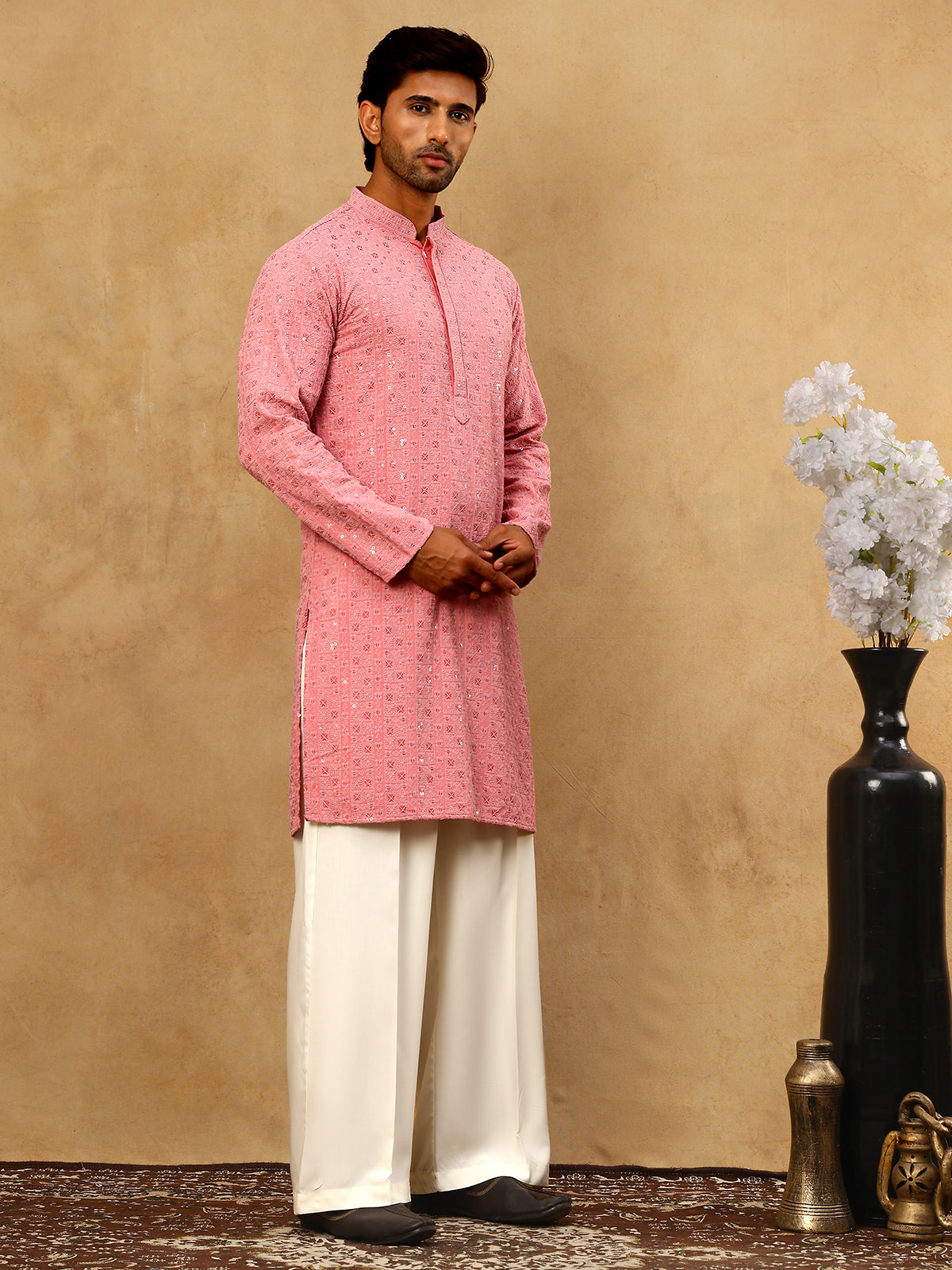 Men’s Cotton Chikankari Sequins Kurta Set ( JOKP PJ11W 5006Coral )