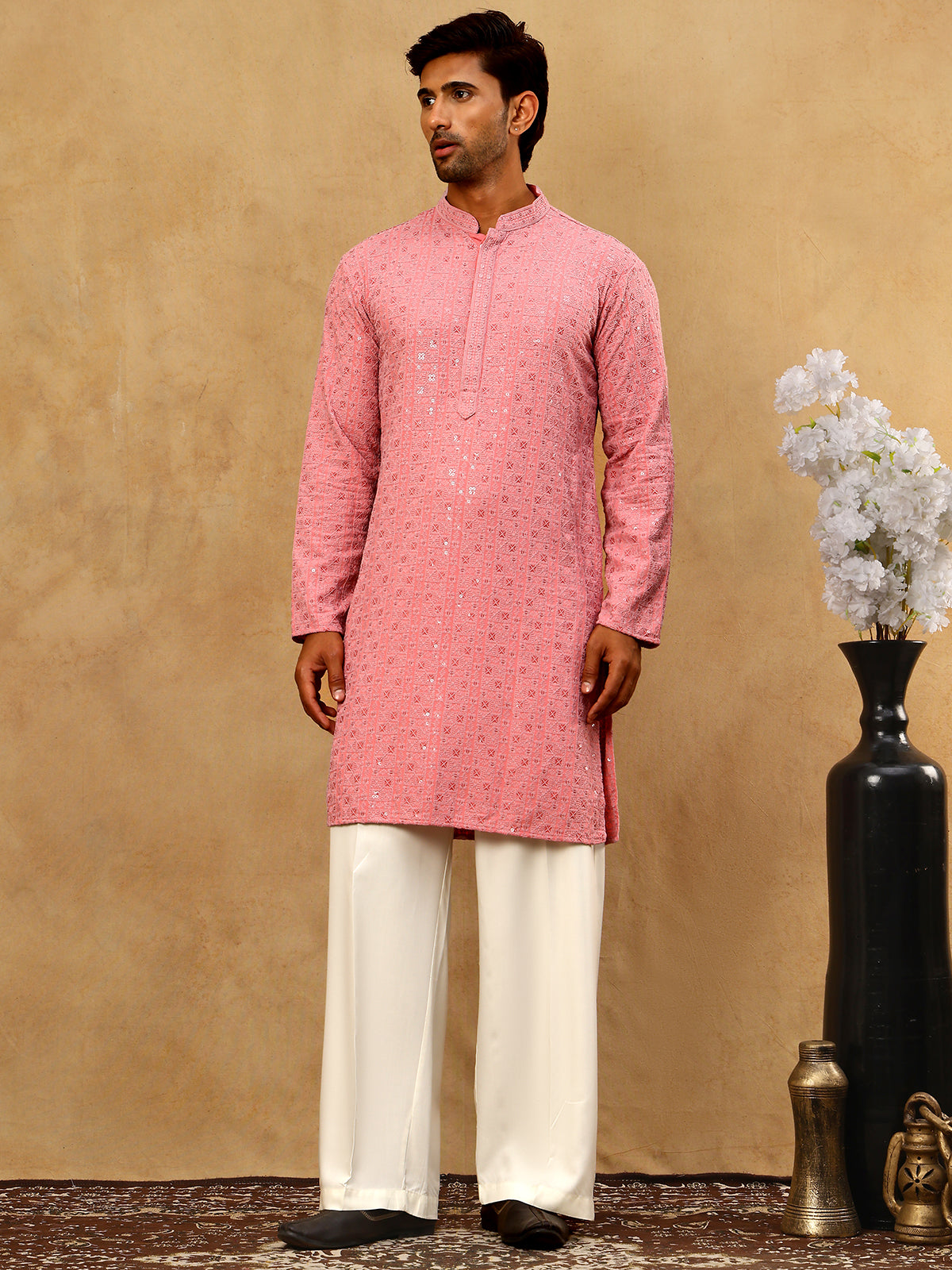 Men’s Cotton Chikankari Sequins Kurta Set ( JOKP PJ11W 5006Coral )