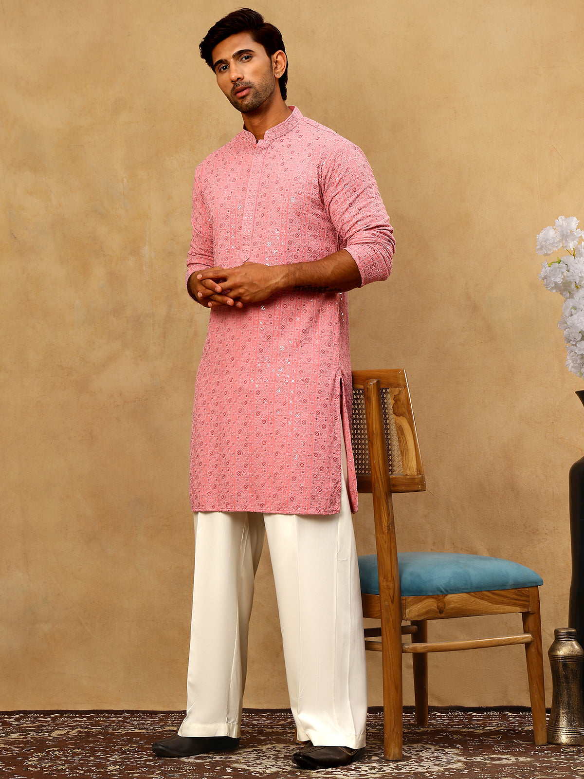 Men’s Cotton Chikankari Sequins Kurta Set ( JOKP PJ11W 5006Coral )