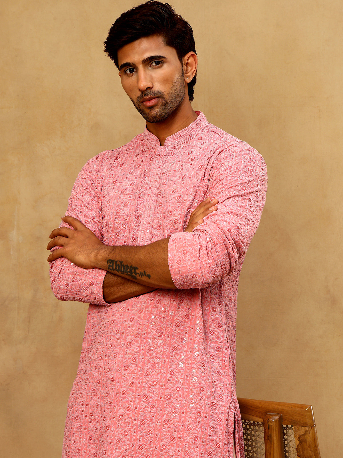 Men’s Cotton Chikankari Sequins Kurta Set ( JOKP PJ11W 5006Coral )