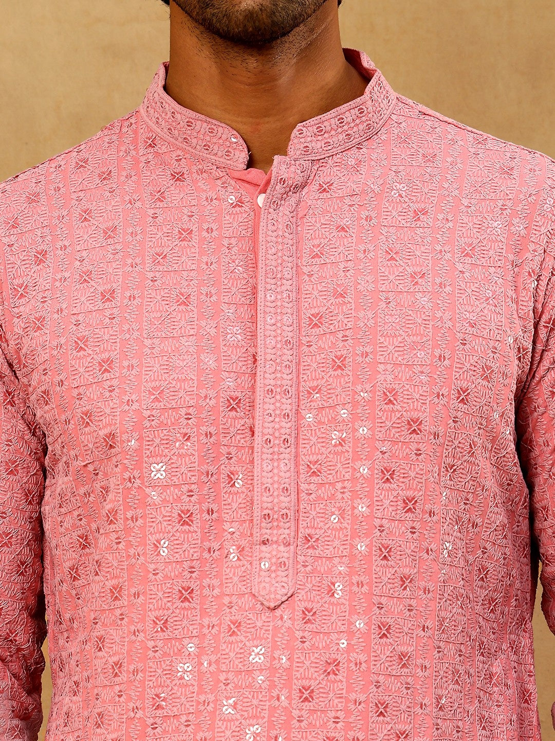 Men’s Cotton Chikankari Sequins Kurta Set ( JOKP PJ11W 5006Coral )