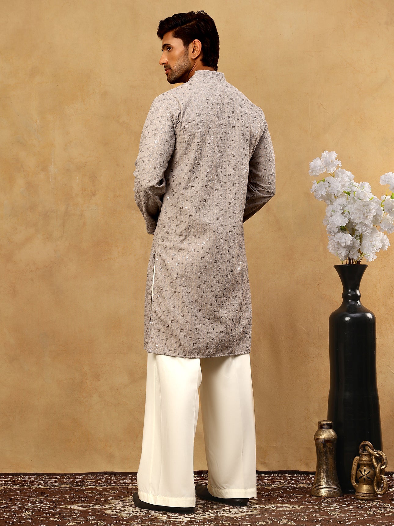 Men’s Cotton Chikankari Sequins Kurta Set ( JOKP PJ11W 5006Grey )