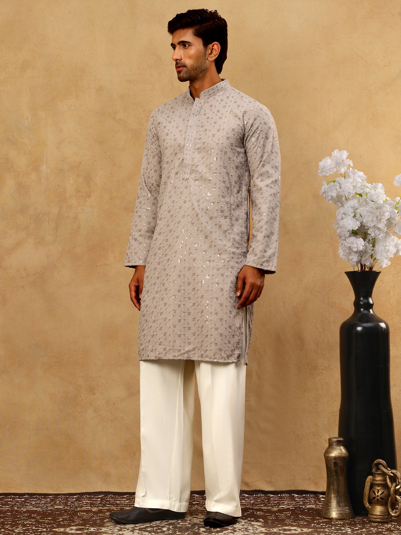 Men’s Cotton Chikankari Sequins Kurta Set ( JOKP PJ11W 5006Grey )