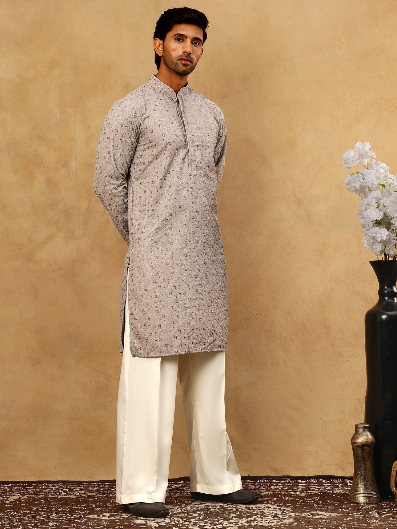 Men’s Cotton Chikankari Sequins Kurta Set ( JOKP PJ11W 5006Grey )