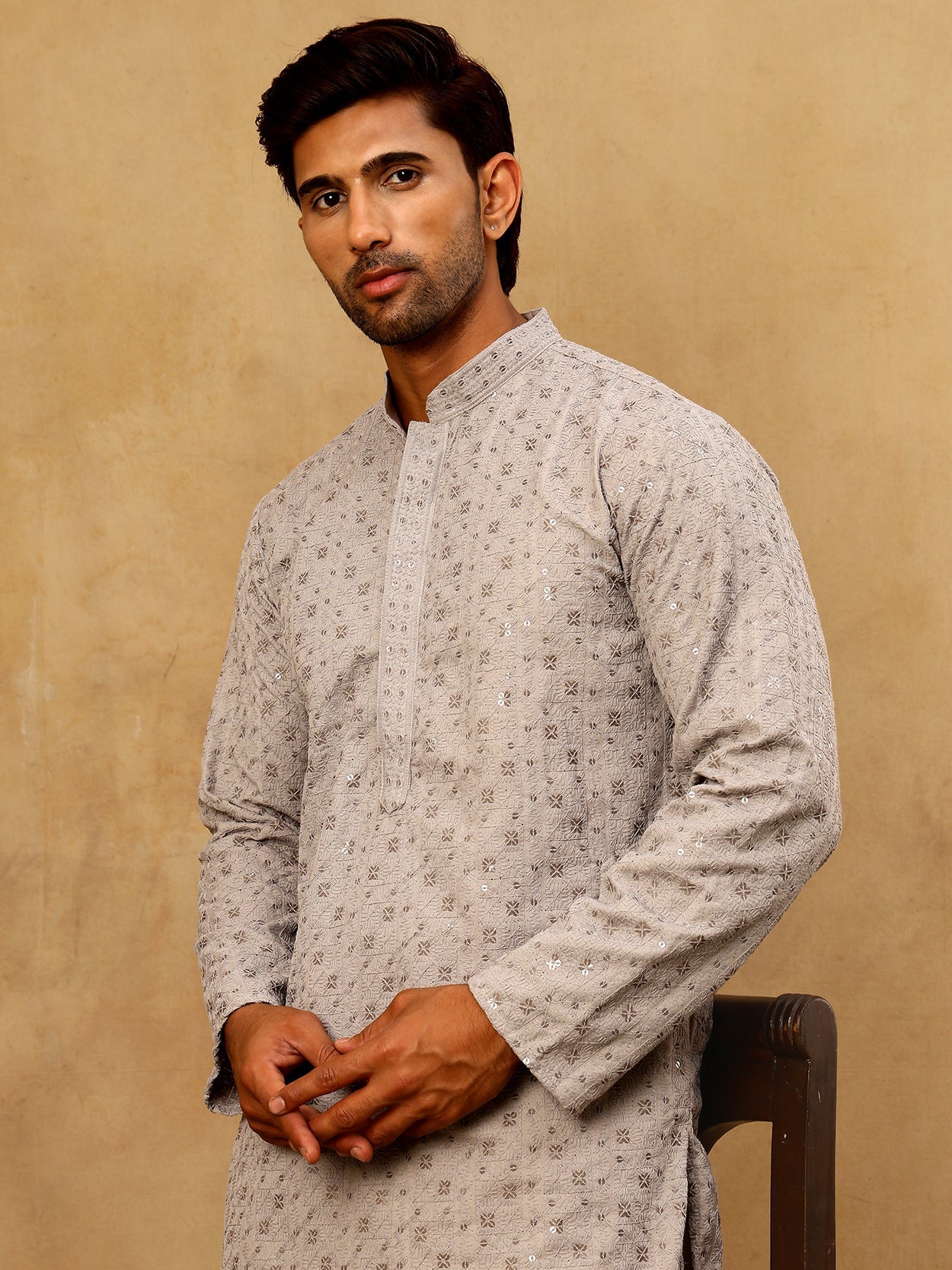 Men’s Cotton Chikankari Sequins Kurta Set ( JOKP PJ11W 5006Grey )