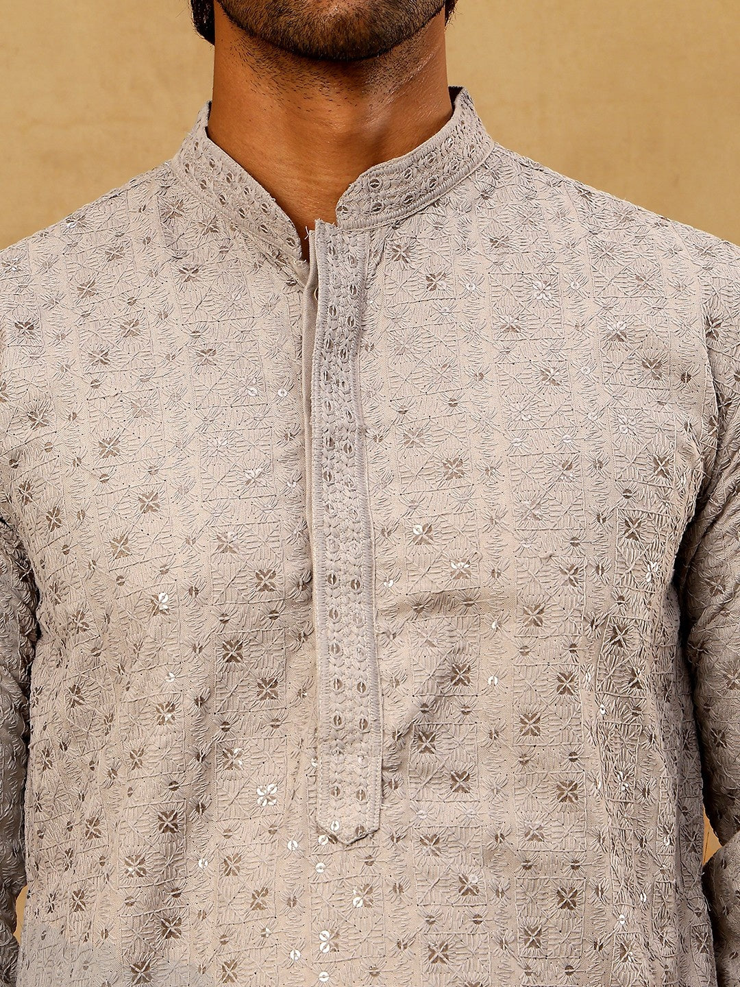 Men’s Cotton Chikankari Sequins Kurta Set ( JOKP PJ11W 5006Grey )