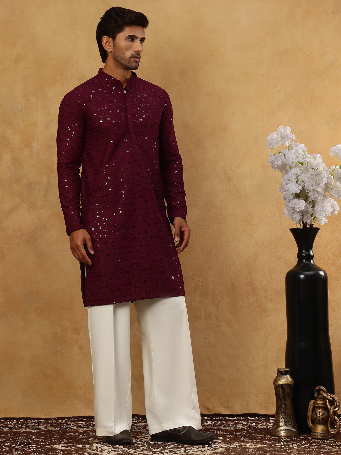 Men’s Cotton Chikankari Sequins Kurta Set ( JOKP PJ11W 5006Purple )