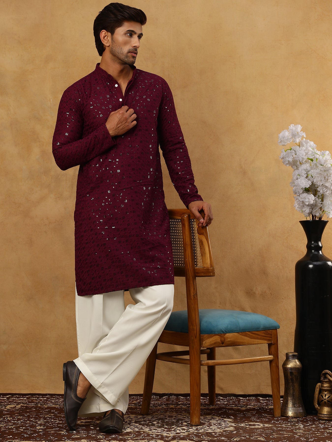 Men’s Cotton Chikankari Sequins Kurta Set ( JOKP PJ11W 5006Purple )