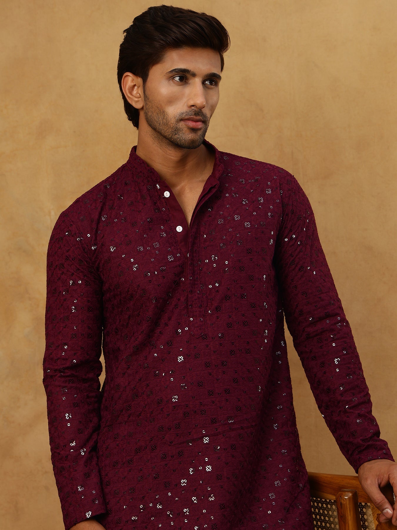 Men’s Cotton Chikankari Sequins Kurta Set ( JOKP PJ11W 5006Purple )