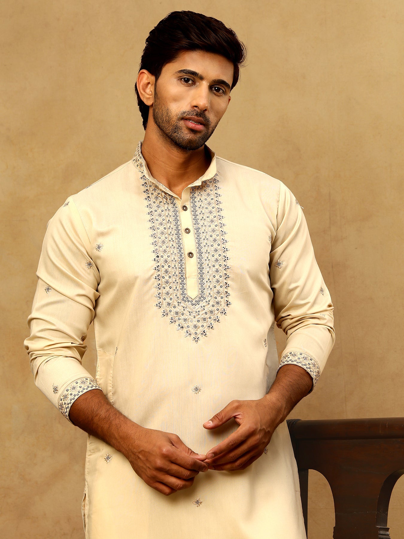 Men’s Silk Blend Embroidered Kurta Pyjama Set ( JOKP PJ11W 5046Cream )