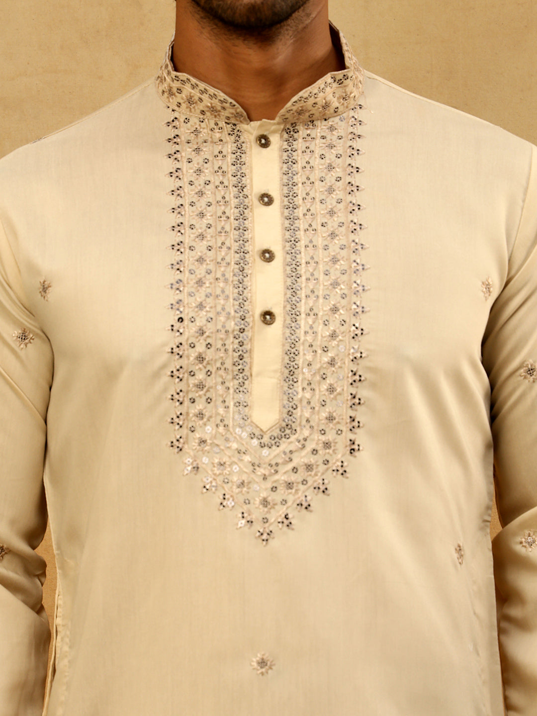 Men’s Silk Blend Embroidered Kurta Pyjama Set ( JOKP PJ11W 5046Cream )