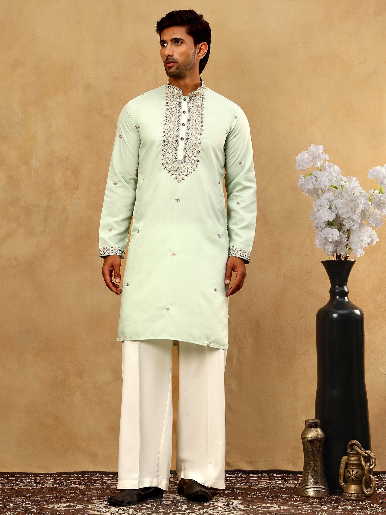 Men’s Silk Blend Embroidered Kurta Pyjama Set ( JOKP PJ11W 5046Pista )